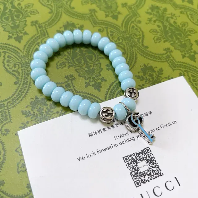 Gucci Key to My Heart Blue Silver Beaded Stretch Interlocking G Charms Bracelet 7