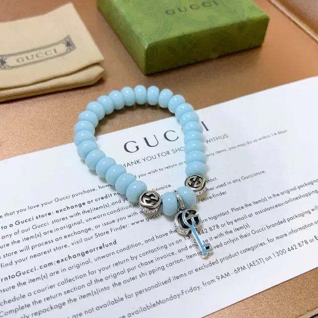 Gucci Key to My Heart Blue Silver Beaded Stretch Interlocking G Charms Bracelet 9