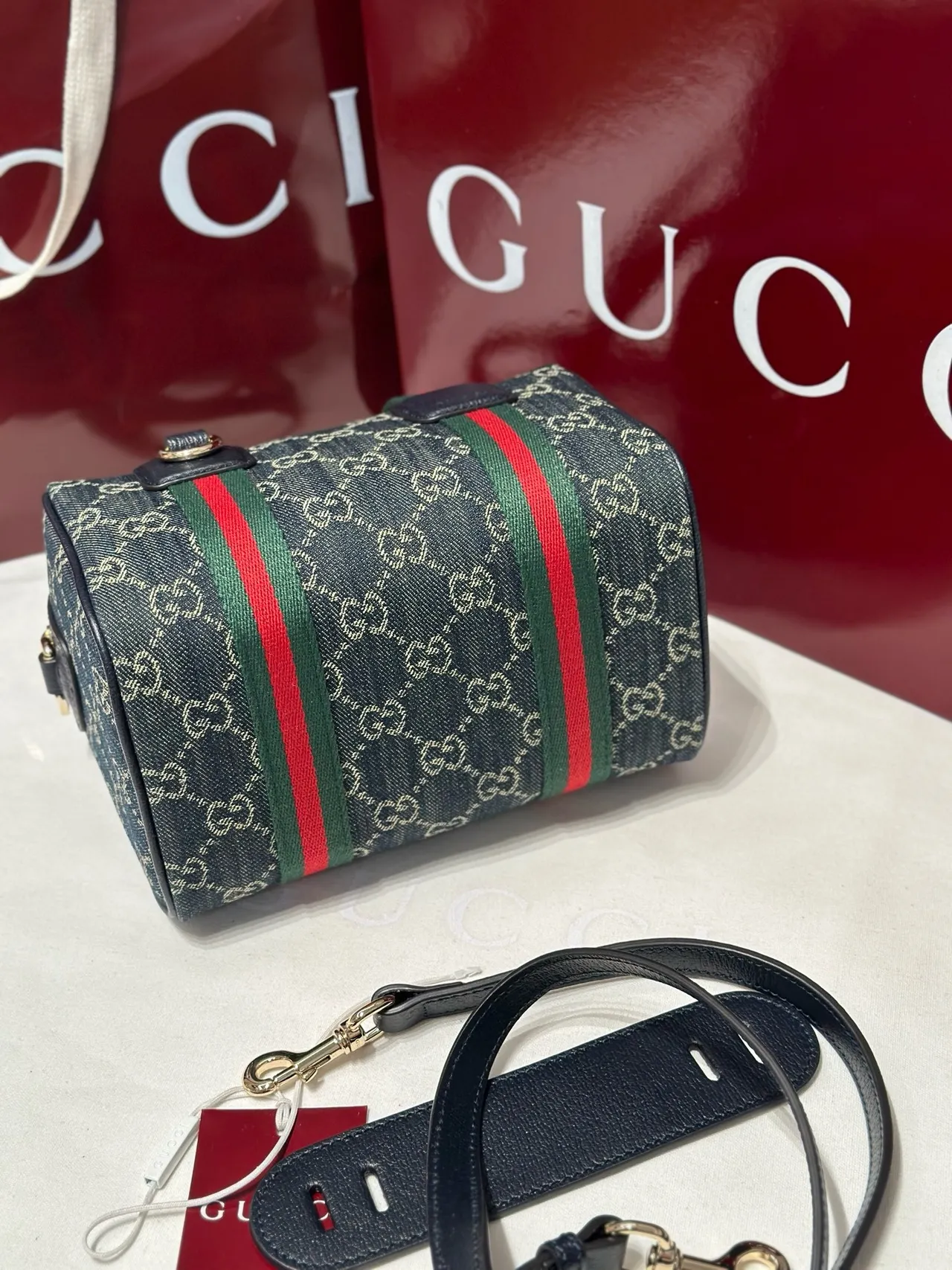 Gucci Monogram Canvas Web Stripe sac Boston 4