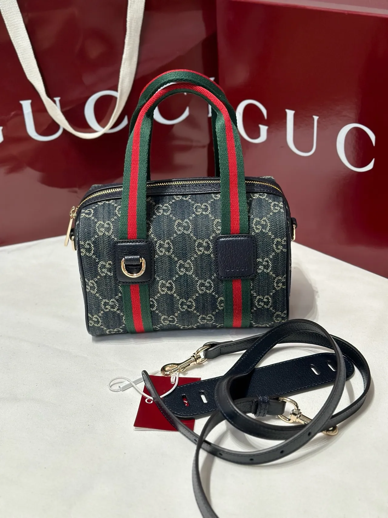Gucci Monogram Canvas Web Stripe sac Boston 8