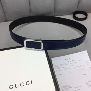 Gucci Navy Silver Rectangular Octagonal Buckle Smooth Strap Leather Belt