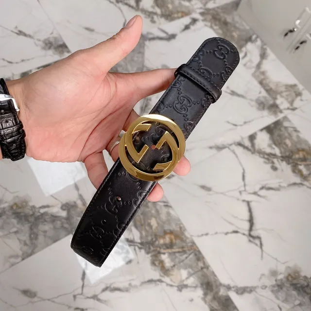 Gucci Ophidia Cinturón de cuero negro y oro con monograma GG embossado hebilla doble G 3