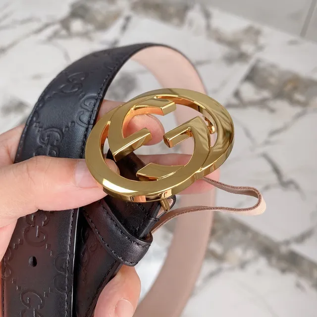Gucci Ophidia Cinturón de cuero negro y oro con monograma GG embossado hebilla doble G 9