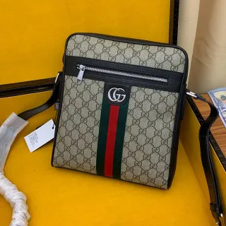 Gucci Ophidia GG Beige Black Monogram Canvas Web Stripe Accent Messenger Bag