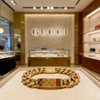 Gucci Ophidia سلسلة كرب سميكة ذهبية حمراء منحوتة لوحة G متشابكة سوار