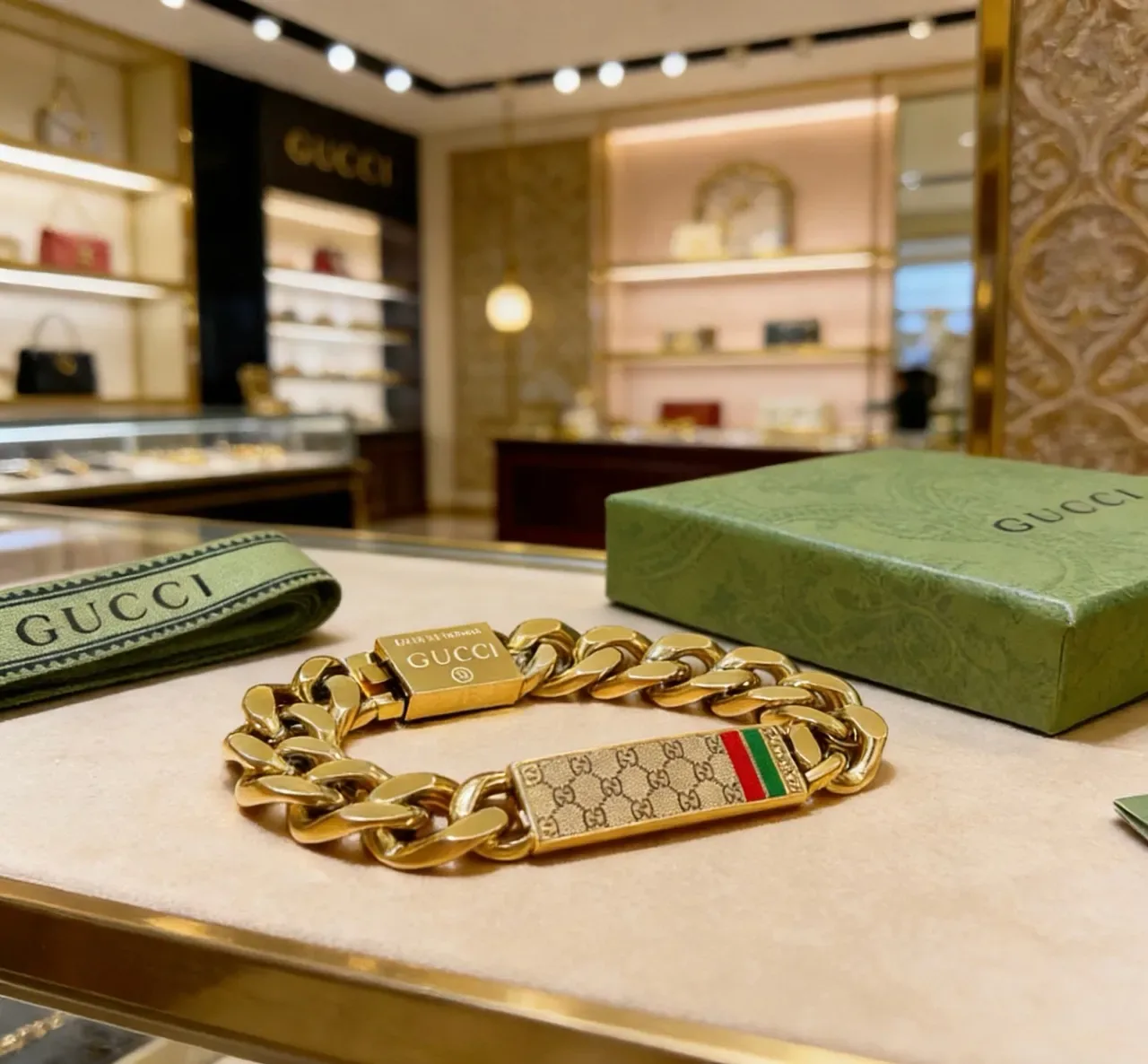 Gucci Ophidia سلسلة كرب سميكة ذهبية حمراء منحوتة لوحة G متشابكة سوار 7