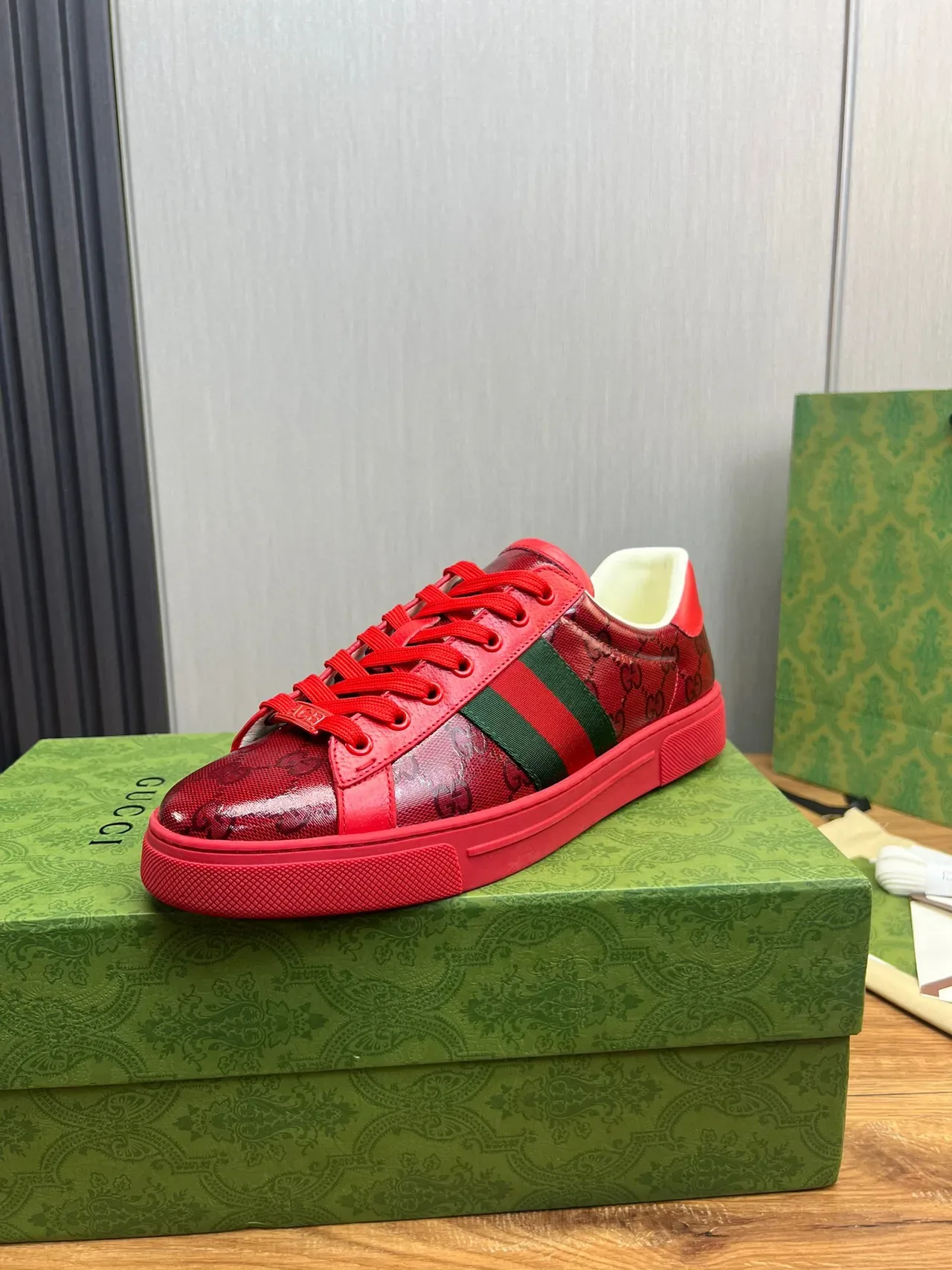 Gucci Red Green GG Monogram-Print Leather Upper Web Stripe Lifestyle Sneakers 2