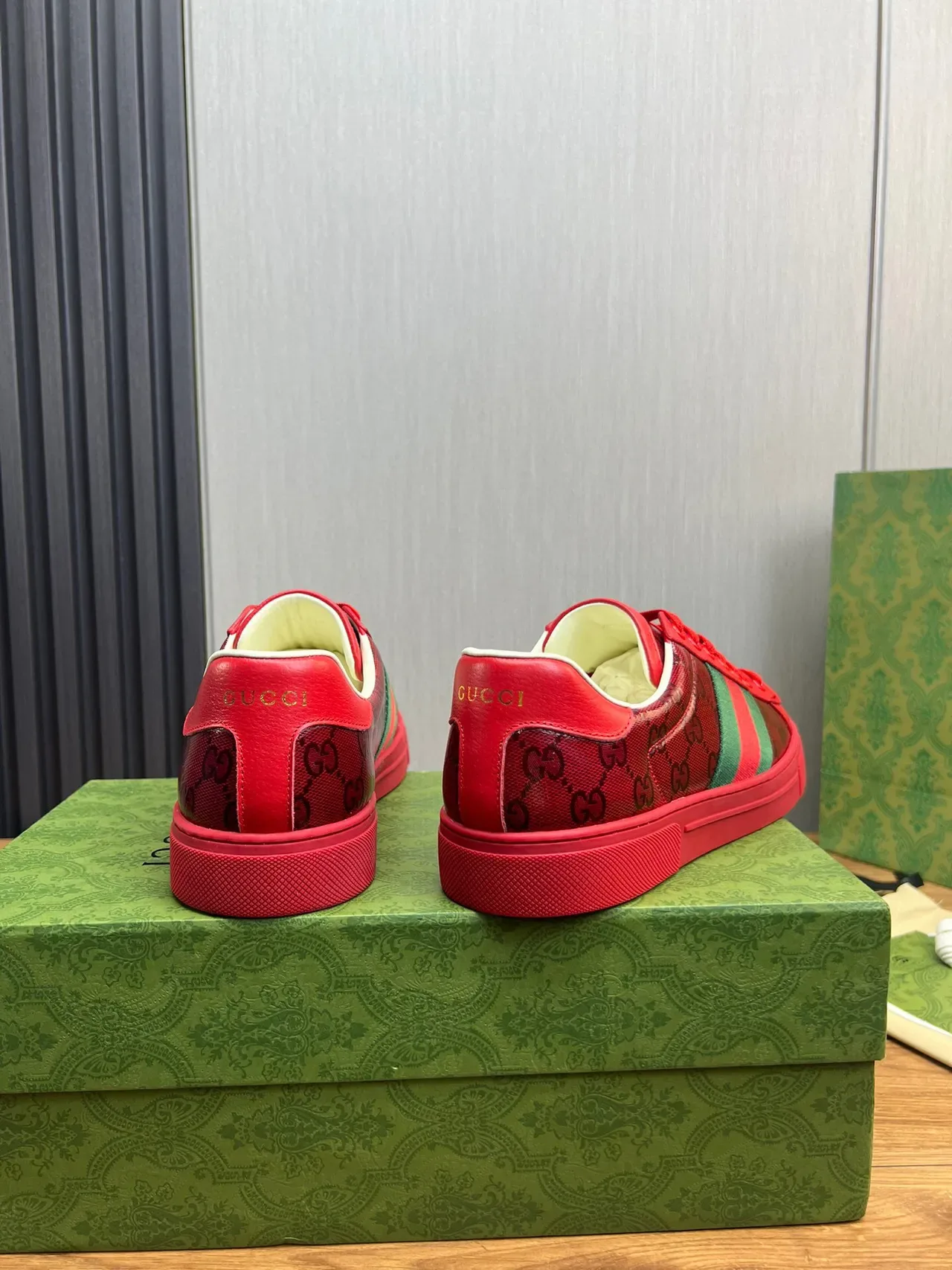 Gucci Red Green GG Monogram-Print Leather Upper Web Stripe Lifestyle Sneakers 3