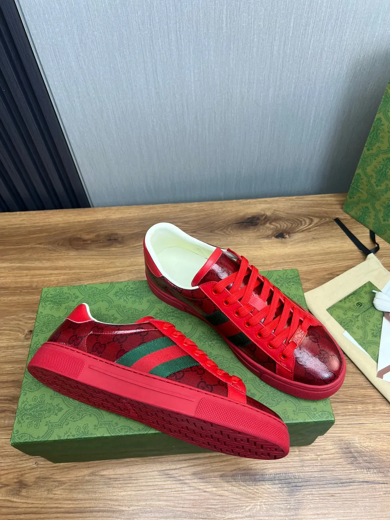 Gucci Red Green GG Monogram-Print Leather Upper Web Stripe Lifestyle Sneakers 4