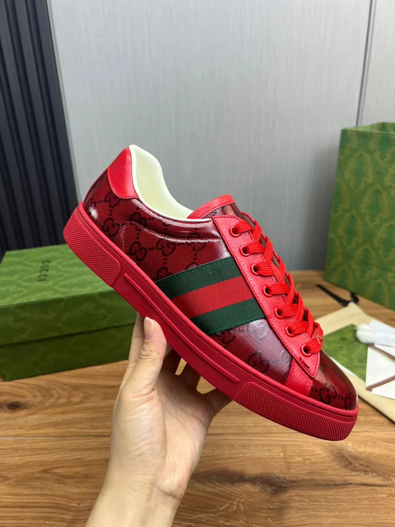 Gucci Red Green GG Monogram-Print Leather Upper Web Stripe Lifestyle Sneakers 5