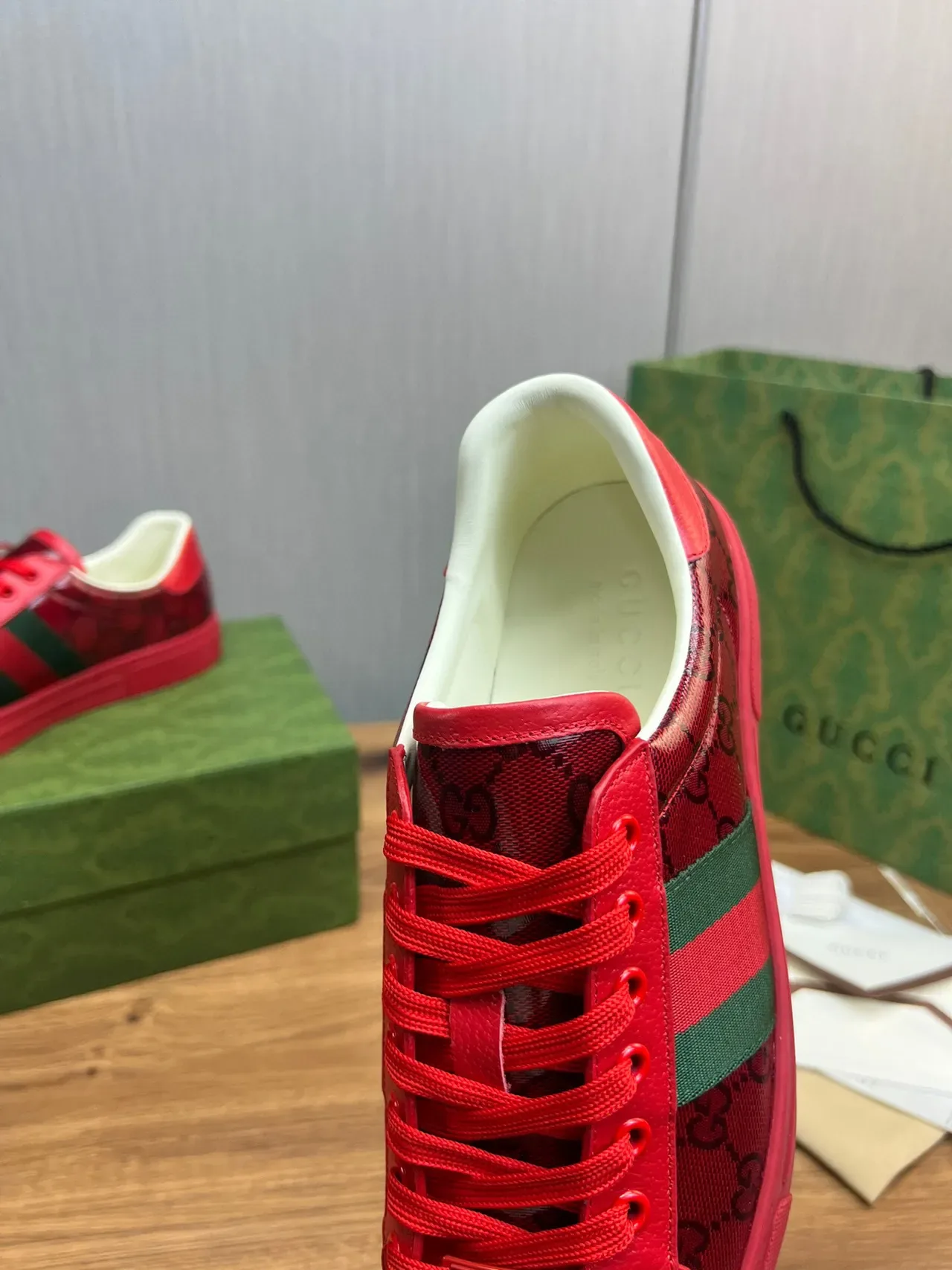 Gucci Red Green GG Monogram-Print Leather Upper Web Stripe Lifestyle Sneakers 6