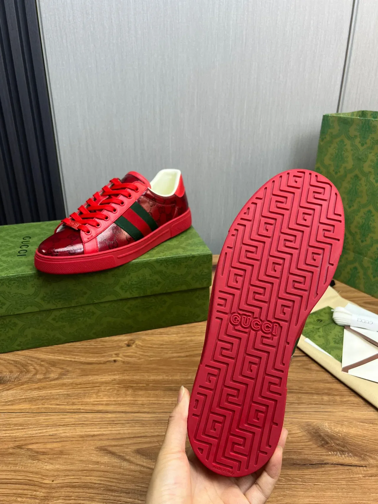 Gucci Red Green GG Monogram-Print Leather Upper Web Stripe Lifestyle Sneakers 7