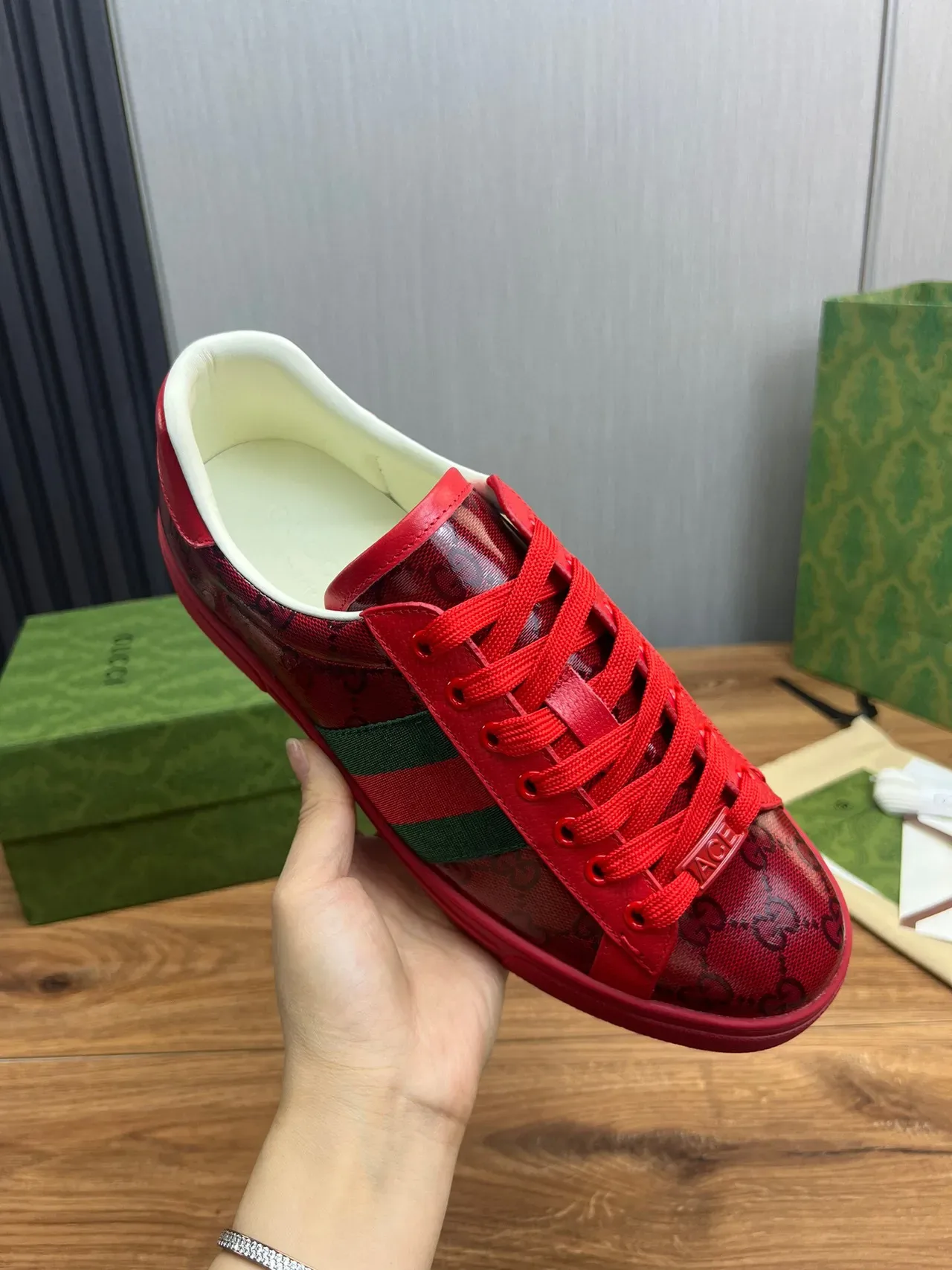 Gucci Red Green GG Monogram-Print Leather Upper Web Stripe Lifestyle Sneakers 8