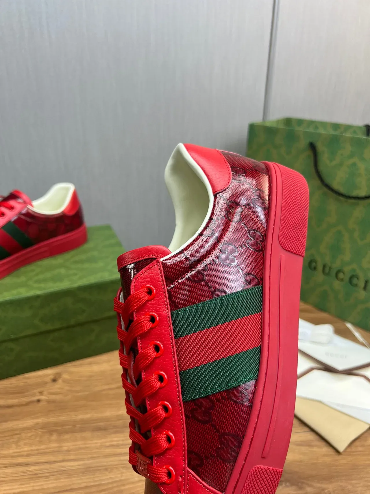 Gucci Red Green GG Monogram-Print Leather Upper Web Stripe Lifestyle Sneakers 9