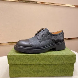 Gucci Screener কালো বেইজ GG-Embossed Leather Cap Toe Oxford Shoes