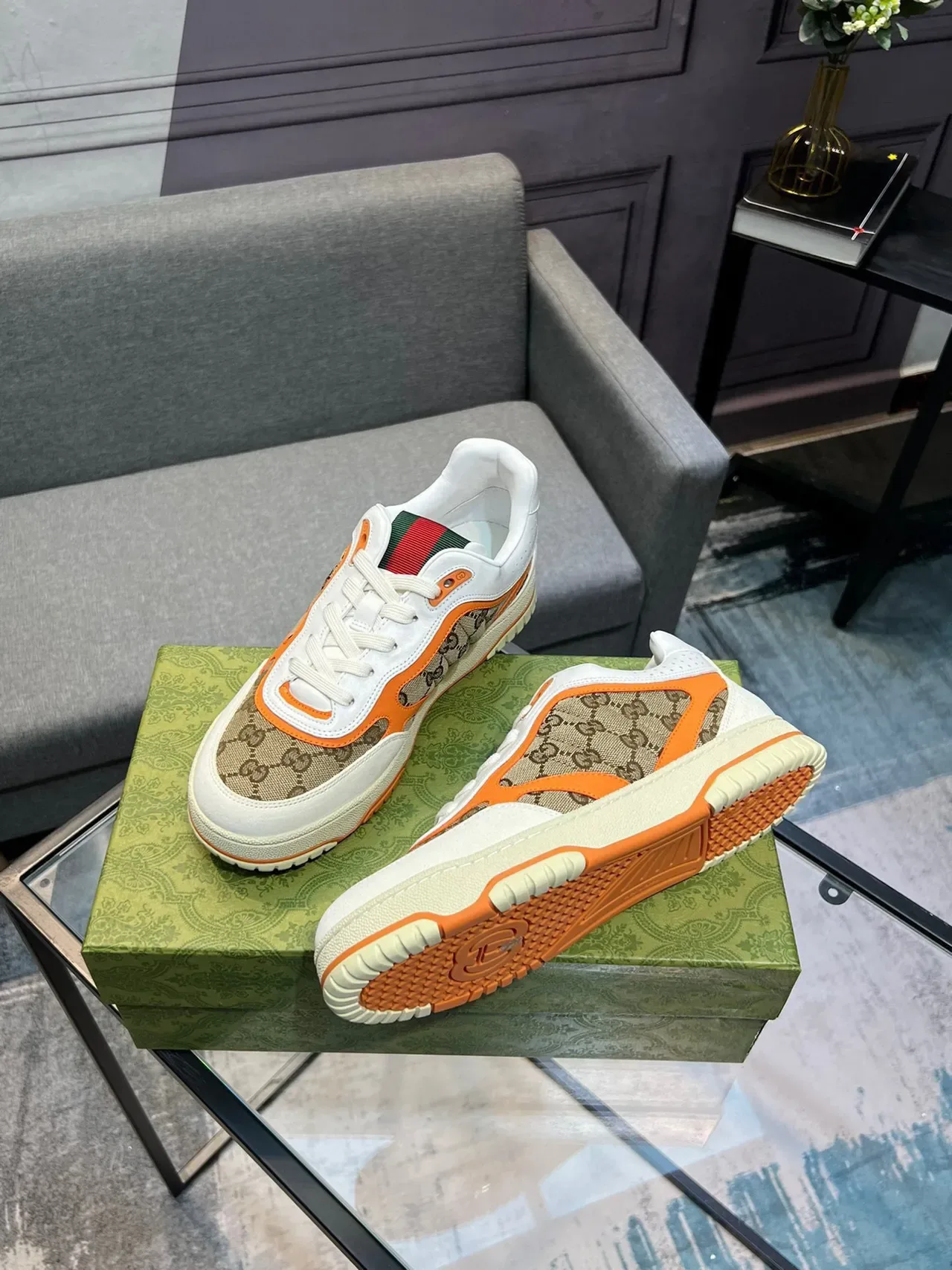 Gucci Screener GG Monogram حذاء رياضي أسلوب حياة إطار برتقالي 9