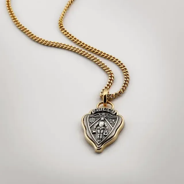 Gucci Shield Gold Black Curb Chain Pendant Necklace 7