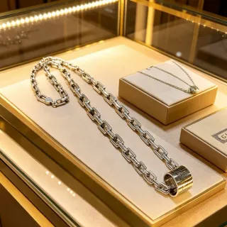Gucci রূপালি বেইজ ভারী লিংক চেইন সিলিন্ড্রিক্যাল ক্ল্যাস্প ডিটেইল নেকলেস