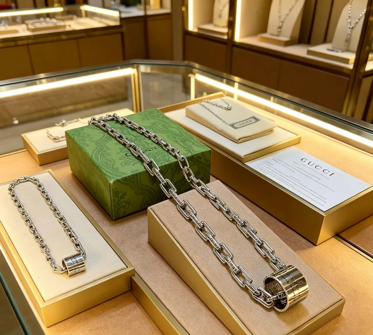Gucci Silver Beige Heavy-Link Chain Cylindrical Clasp Detail Necklace 3