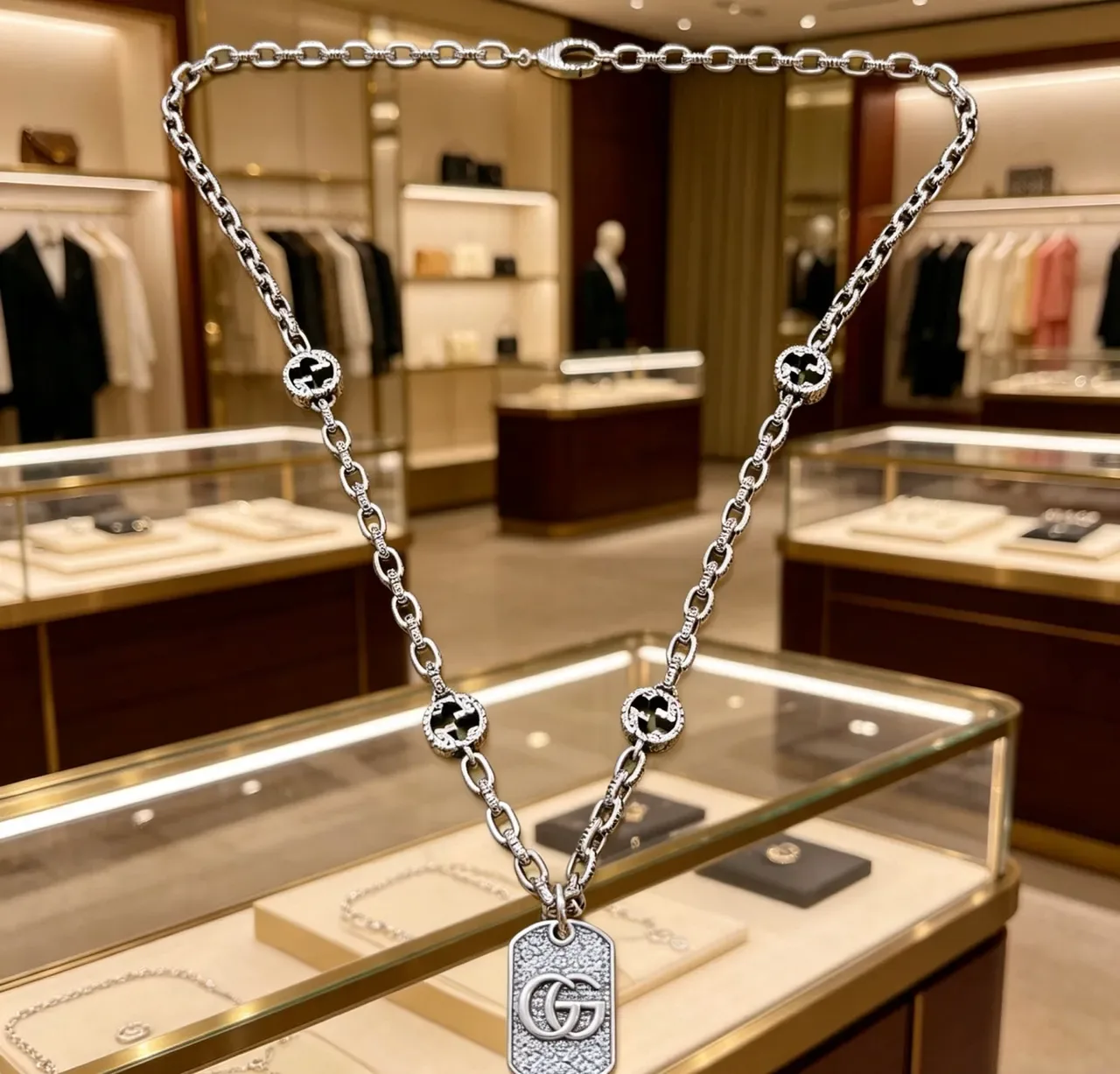 Gucci Silver Black Chunky Link Chain Interlocking GG Motifs Necklace 2