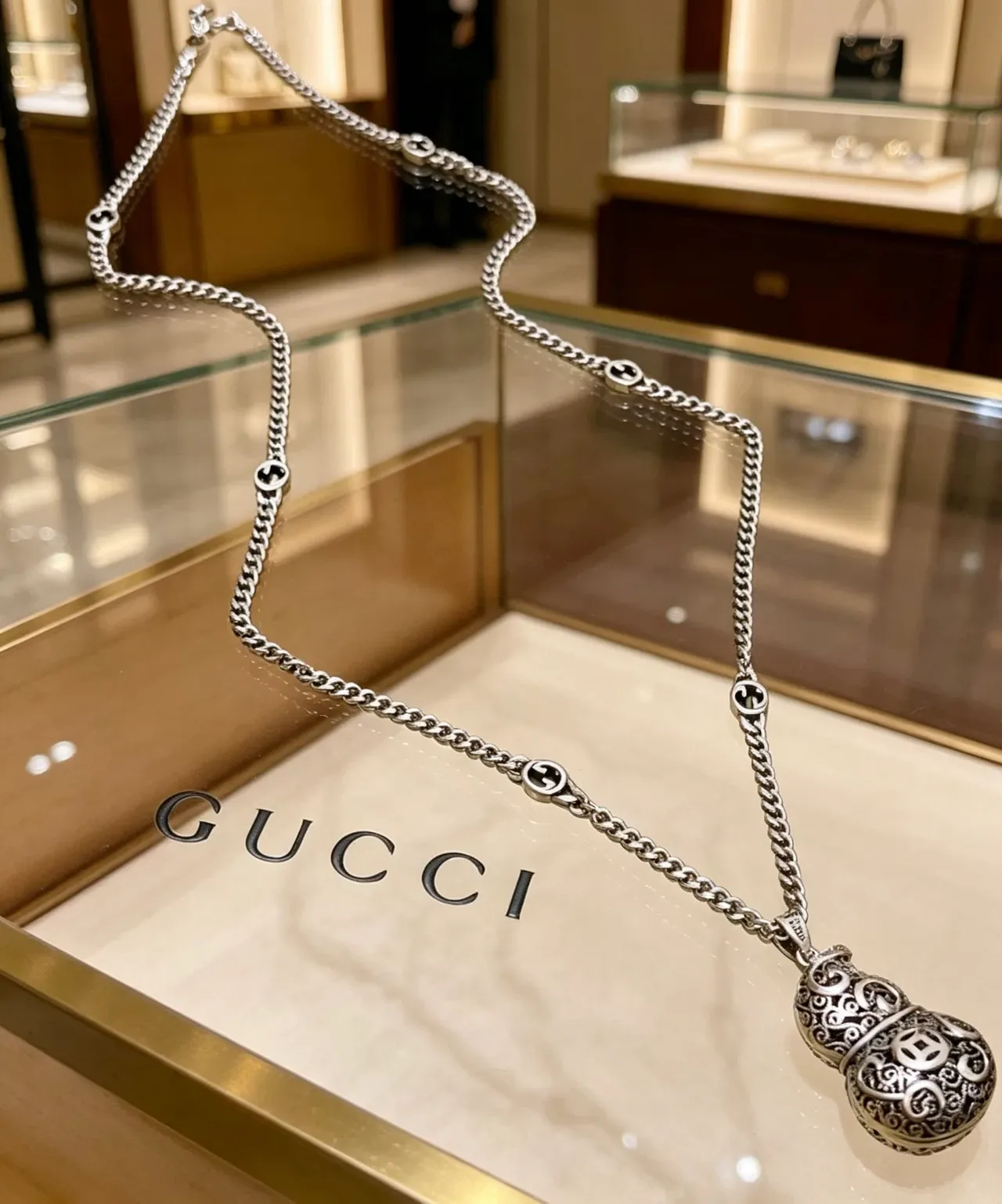 Gucci Corrente Curb Prata Preto Motivos Interlocking G Colar 7