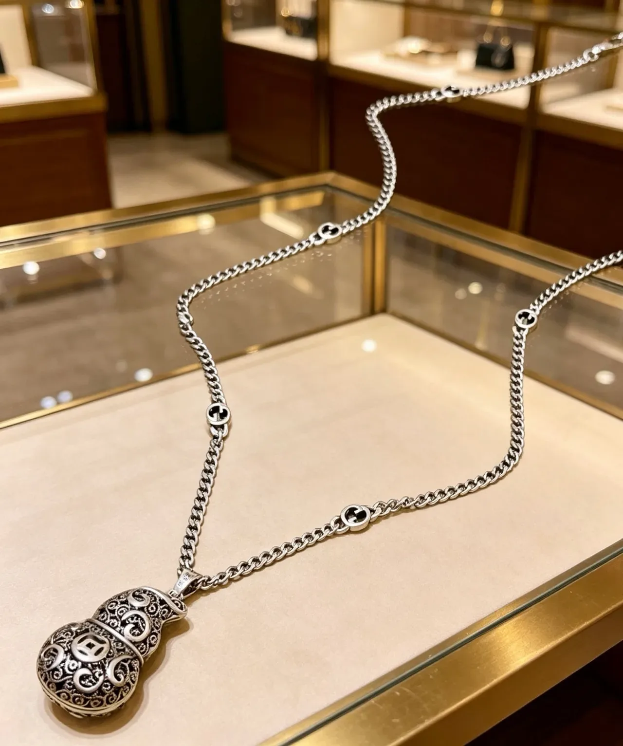 Gucci Corrente Curb Prata Preto Motivos Interlocking G Colar 9