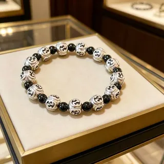 Gucci فضي أسود Interlocking G Logo خرز متناوبة معدنية سوار