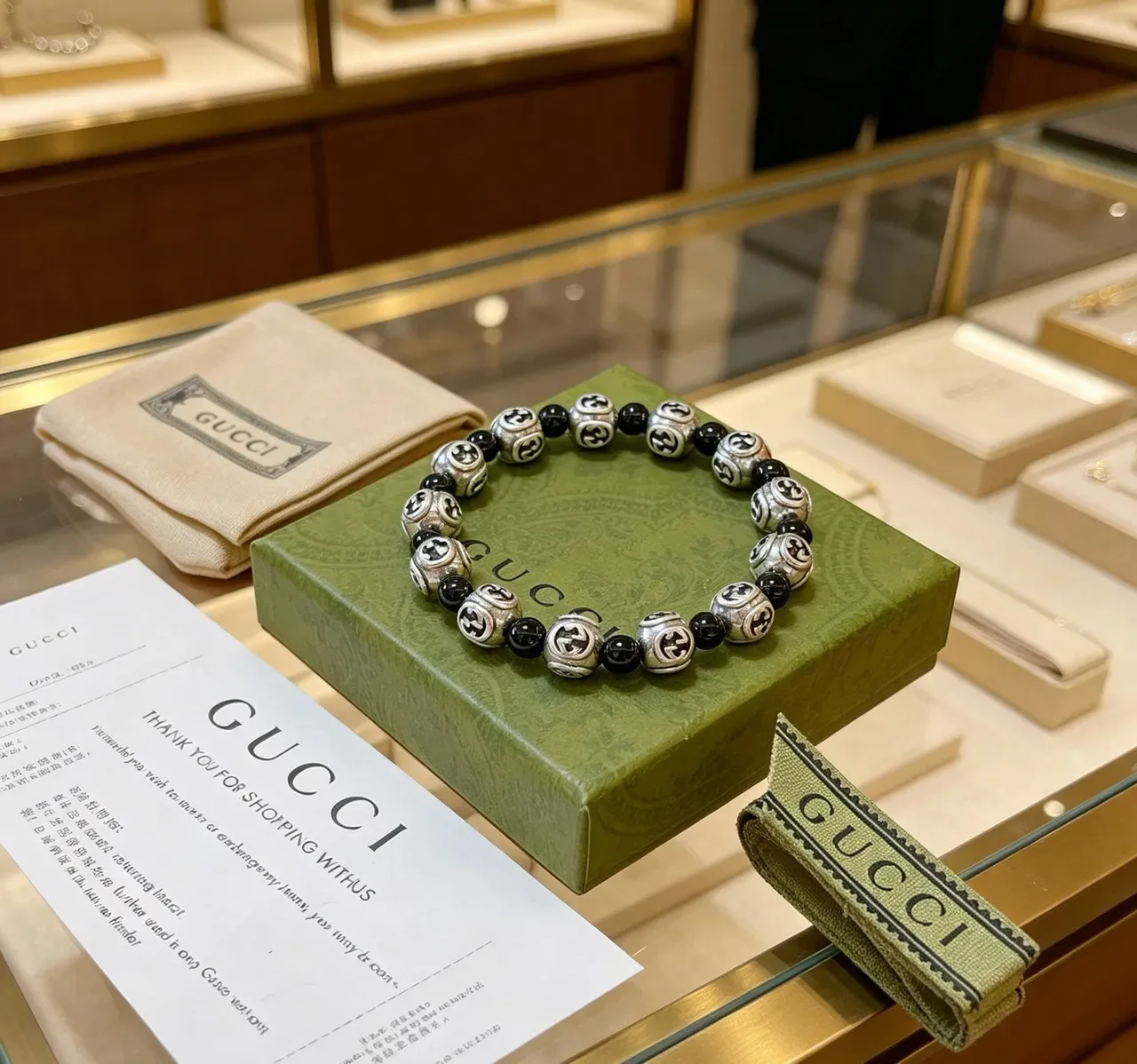 Gucci Silver Black Interlocking G Logo Beads Alternating Metallic Bracelet 4