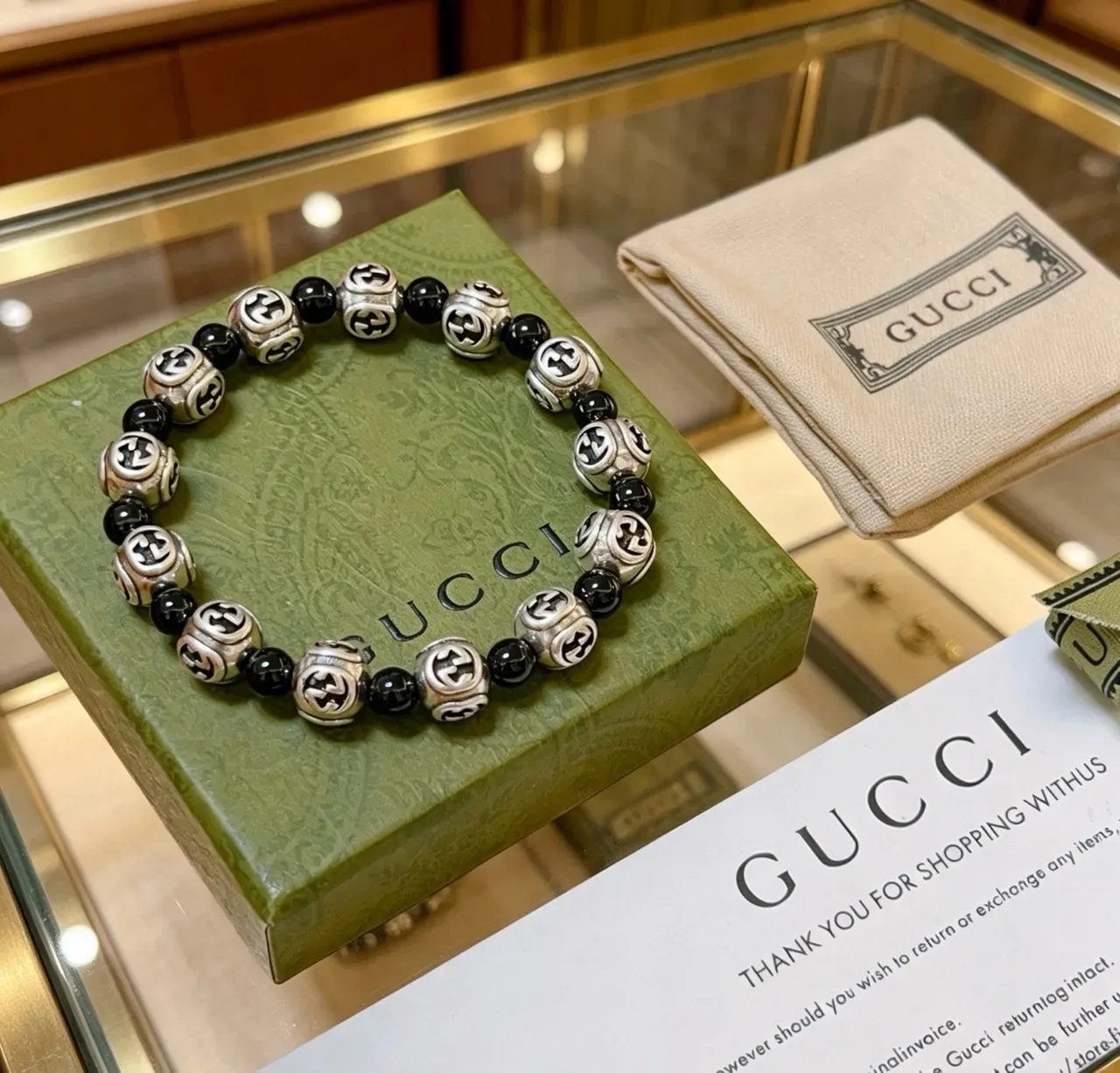 Gucci Silver Black Interlocking G Logo Beads Alternating Metallic Bracelet 6