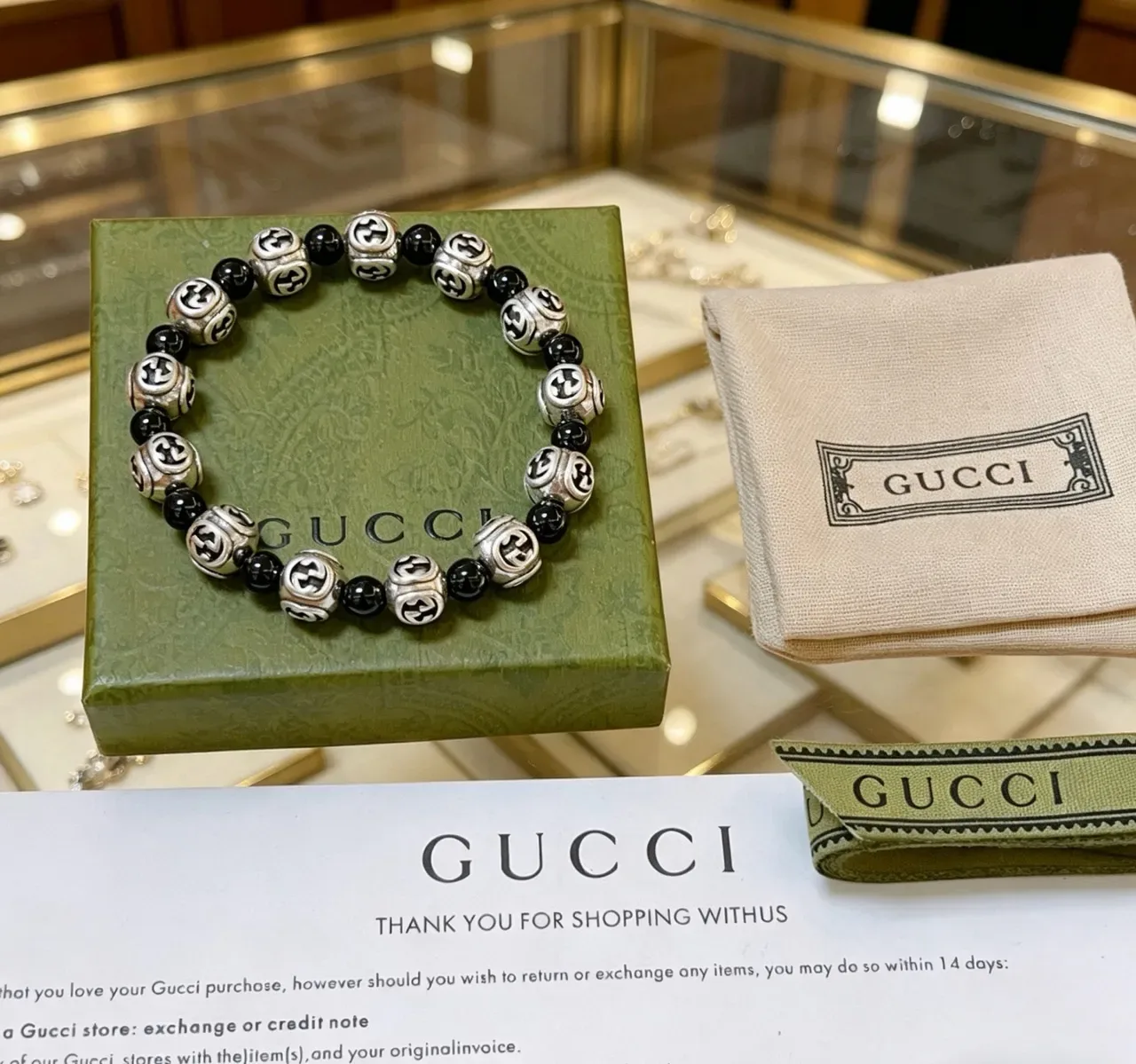 Gucci Silver Black Interlocking G Logo Beads Alternating Metallic Bracelet 7
