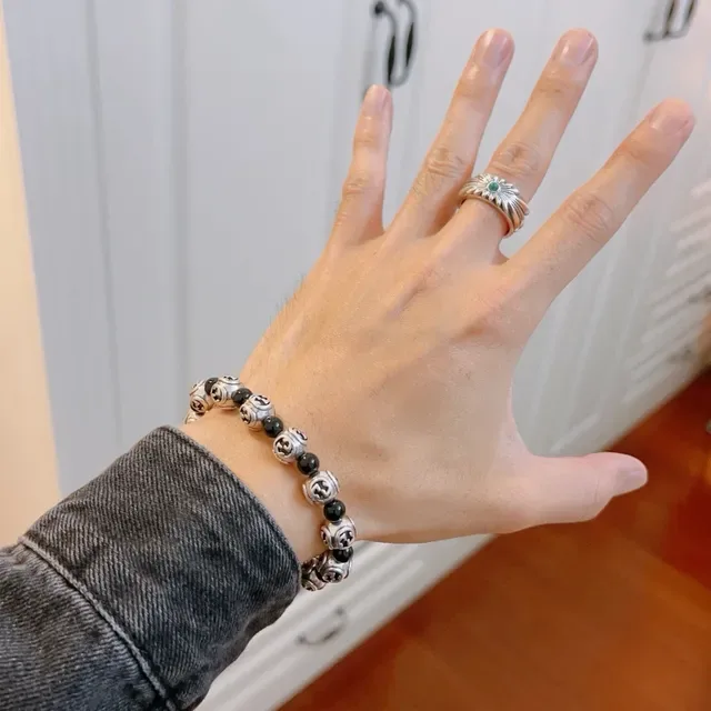 Gucci Silver Black Interlocking G Logo Beads Alternating Metallic Bracelet 8