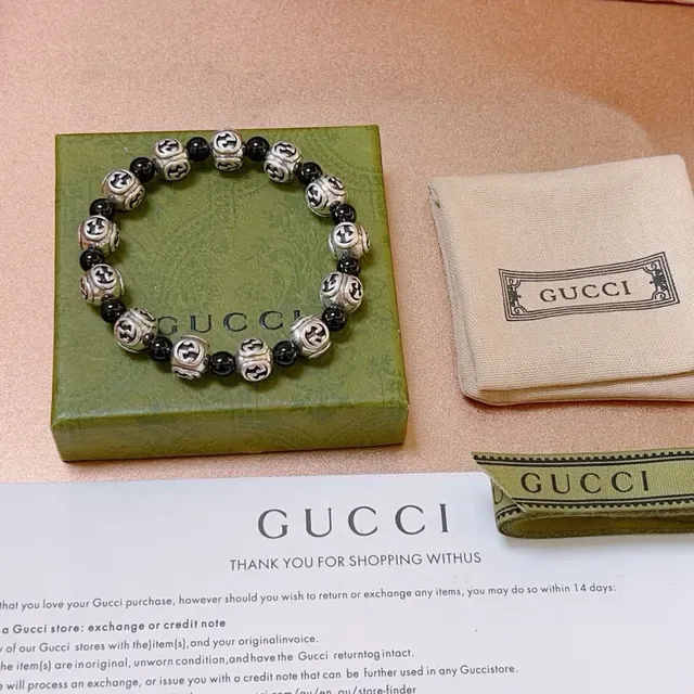 Gucci Silver Black Interlocking G Motif Beads Alternating Metallic And Spherical Bracelet 4