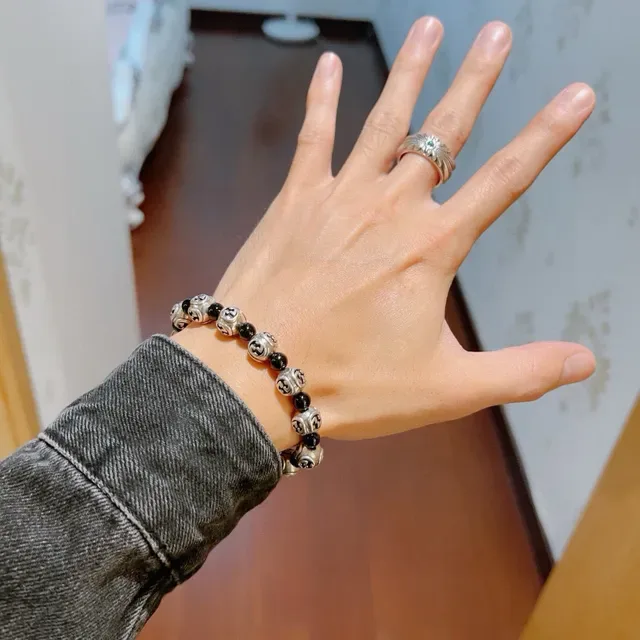 Gucci Silver Black Interlocking G Motif Beads Alternating Metallic And Spherical Bracelet 5