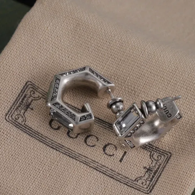 Gucci Silver Gold Geometric Octagonal Hoops Faceted Metal Edges Earrings 5