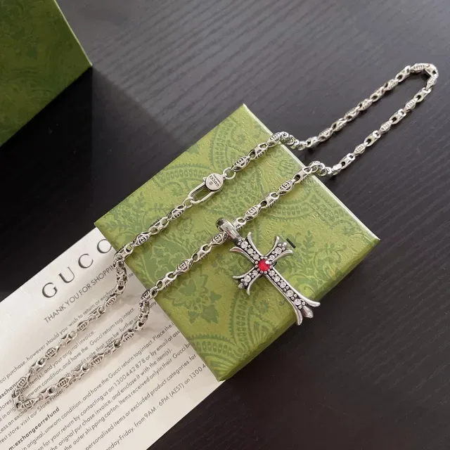 Gucci Silver Red Ornate Cross Pendant Pavé Crystal Embellishment Necklace 2