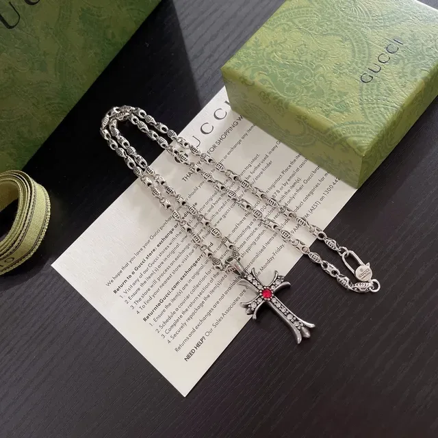 Gucci Silver Red Ornate Cross Pendant Pavé Crystal Embellishment Necklace 3