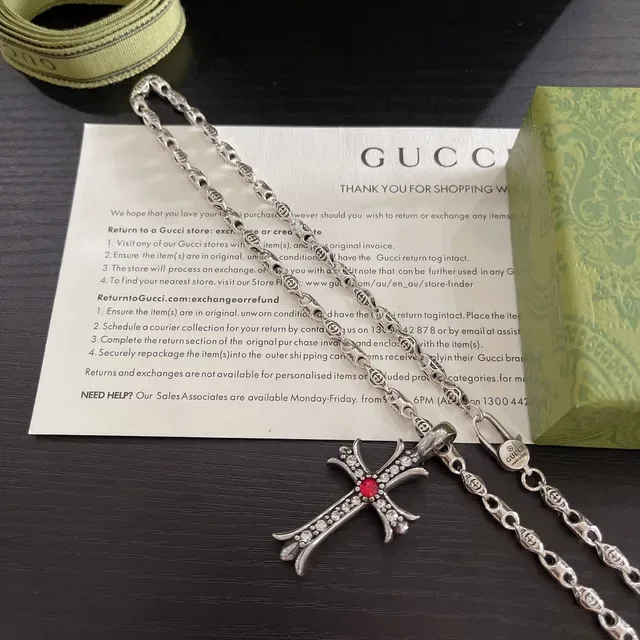 Gucci Silver Red Ornate Cross Pendant Pavé Crystal Embellishment Necklace 4