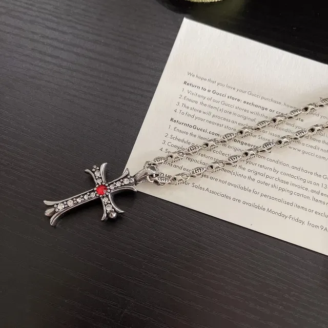 Gucci Silver Red Ornate Cross Pendant Pavé Crystal Embellishment Necklace 5