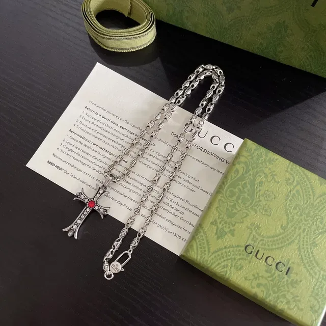 Gucci Silver Red Ornate Cross Pendant Pavé Crystal Embellishment Necklace 6