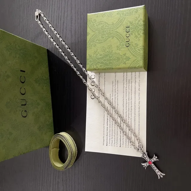Gucci Silver Red Ornate Cross Pendant Pavé Crystal Embellishment Necklace 8