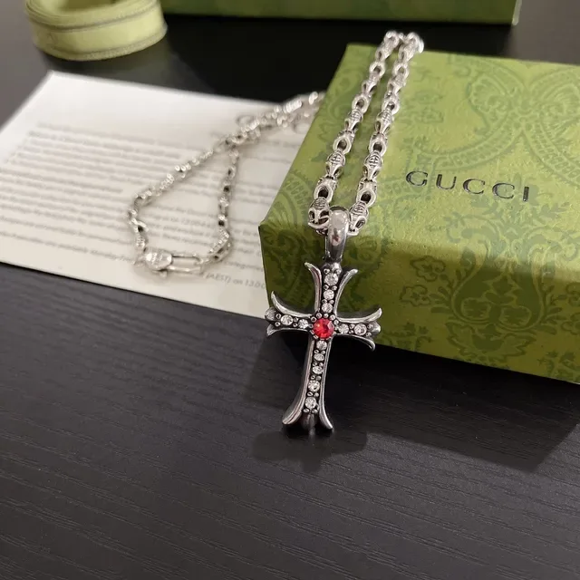 Gucci Silver Red Ornate Cross Pendant Pavé Crystal Embellishment Necklace 9