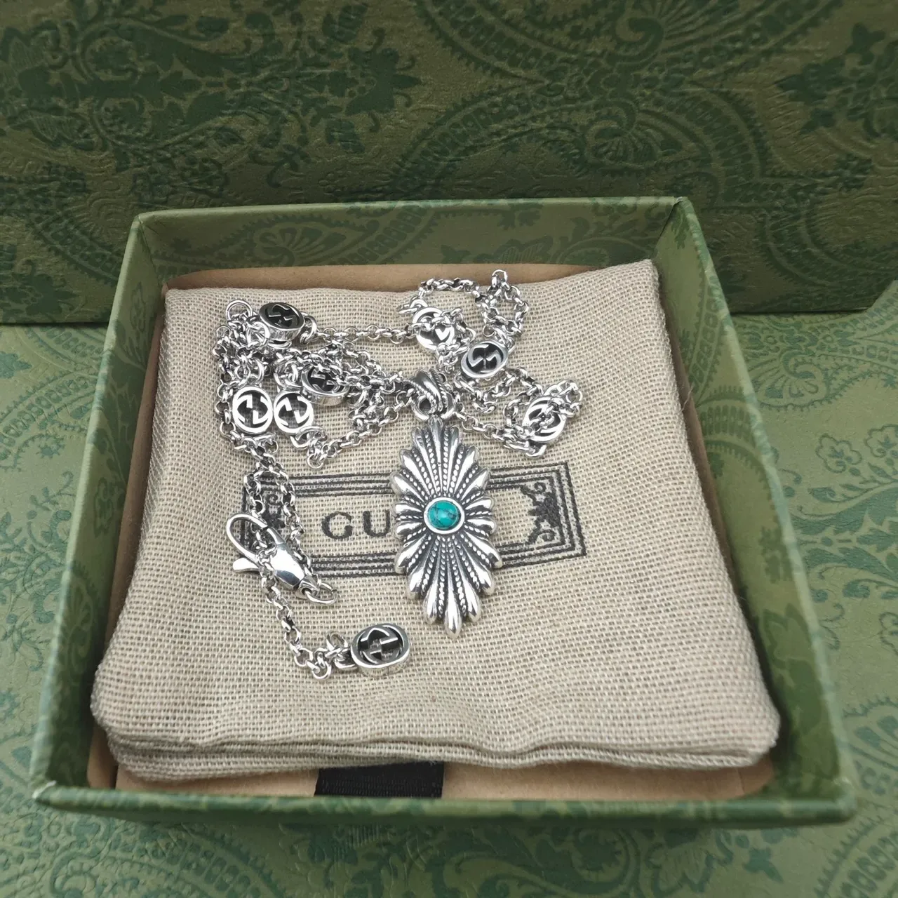 Gucci Silver-Toned Turquoise Sunburst Pendant Necklace 2