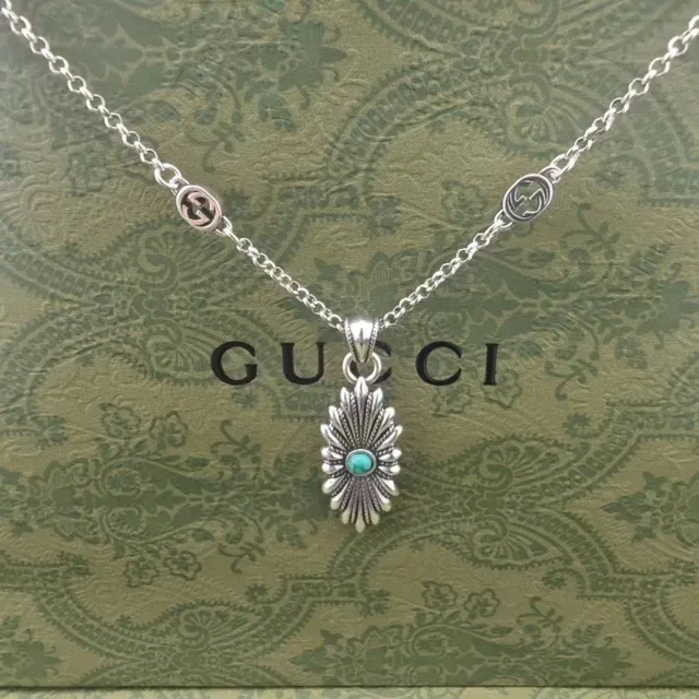 Gucci Silver-Toned Turquoise Sunburst Pendant Necklace 6