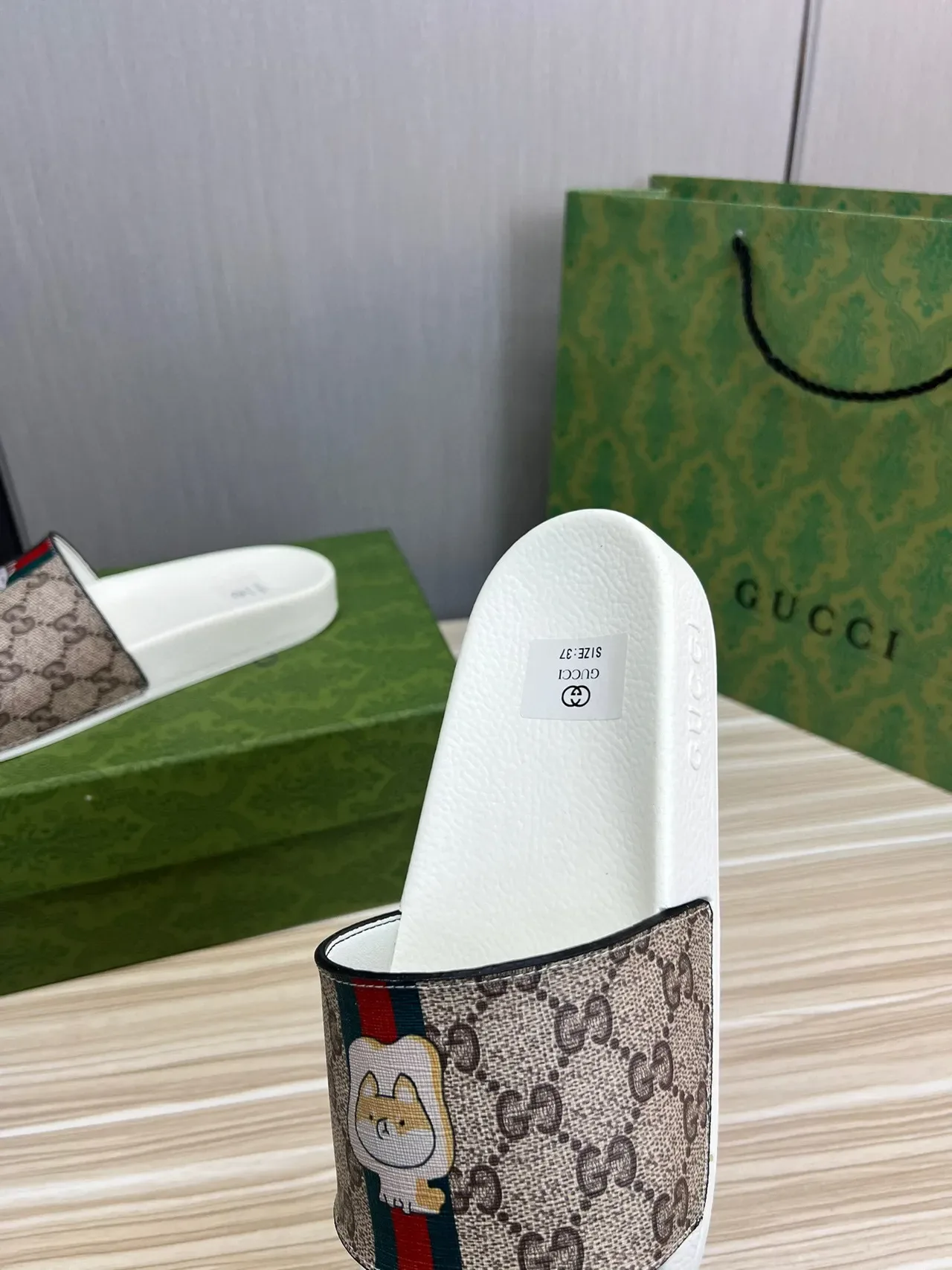 Gucci Slide Beige GG Canvas Web Stripe Cartoon Dog Slipper 3