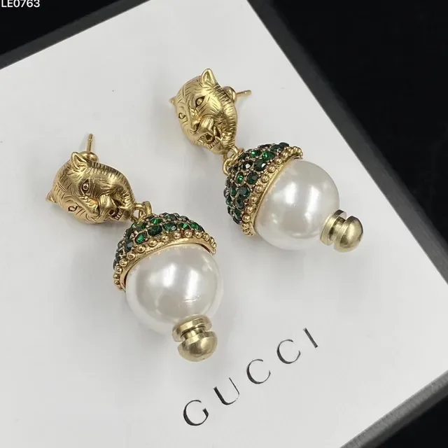 Gucci Tiger Head Pearl and Gemstone Drop Earrings 4