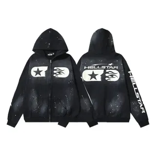 Hellstar Star Flame Graphic Zip-Up Black Hoodie