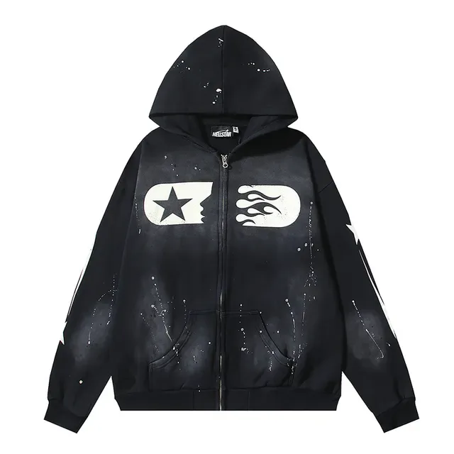 Hellstar Star Flame Graphic Sweat à capuche Noir à fermeture éclair 2