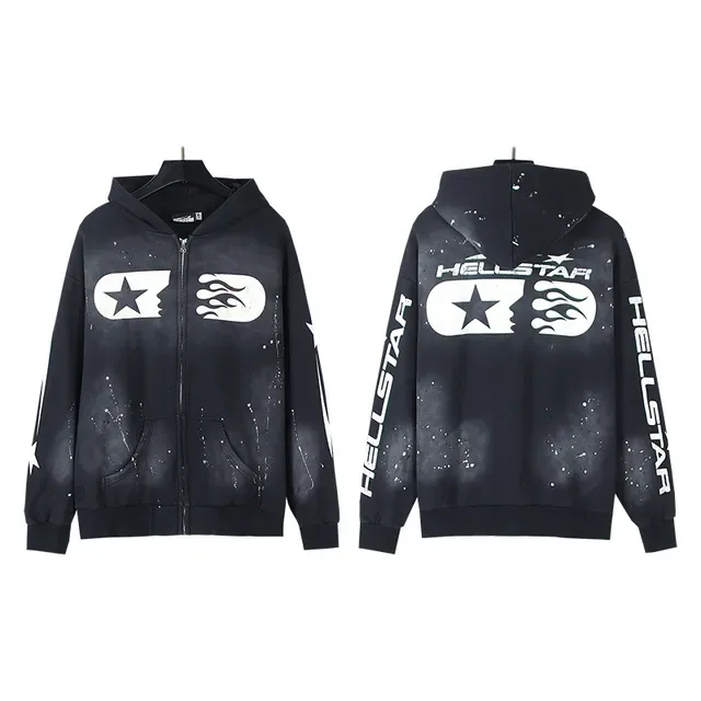 Hellstar Star Flame Graphic Sweat à capuche Noir à fermeture éclair 4