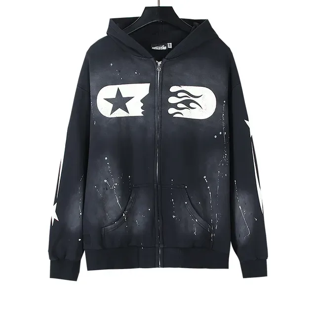 Hellstar Star Flame Graphic Sweat à capuche Noir à fermeture éclair 5