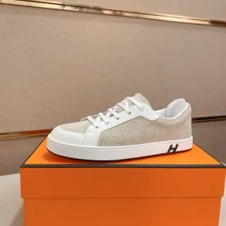Hermès Beige Mesh and White Leather Low-Top Sneaker